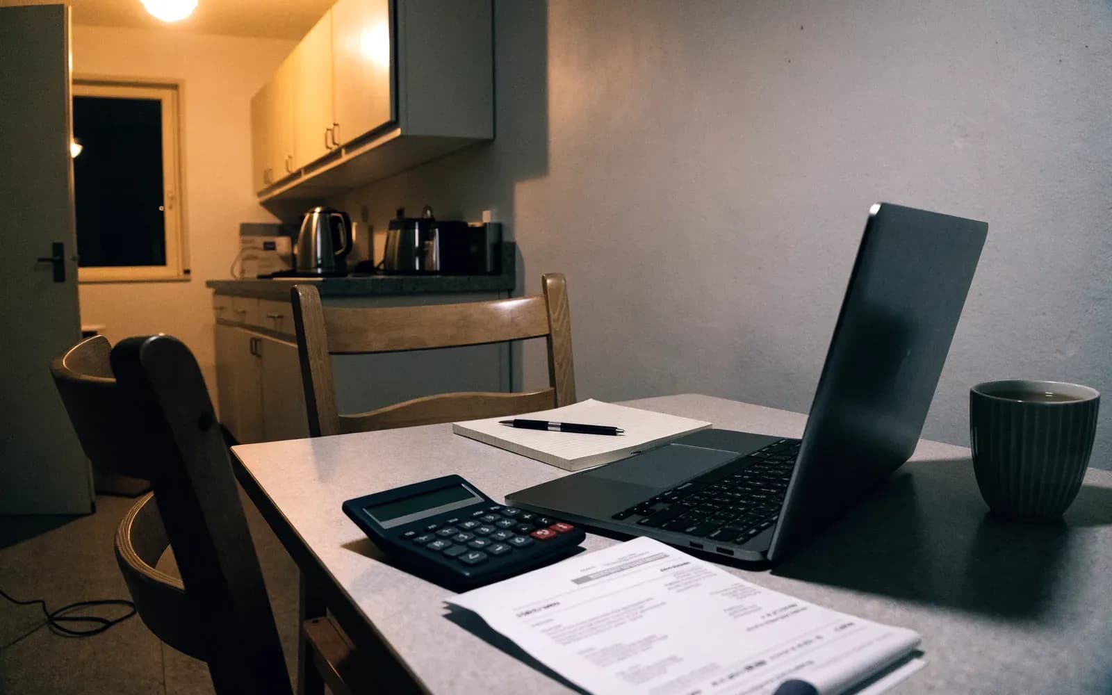 Keukentafel met een laptop, rekenmachine en papieren in avondlicht